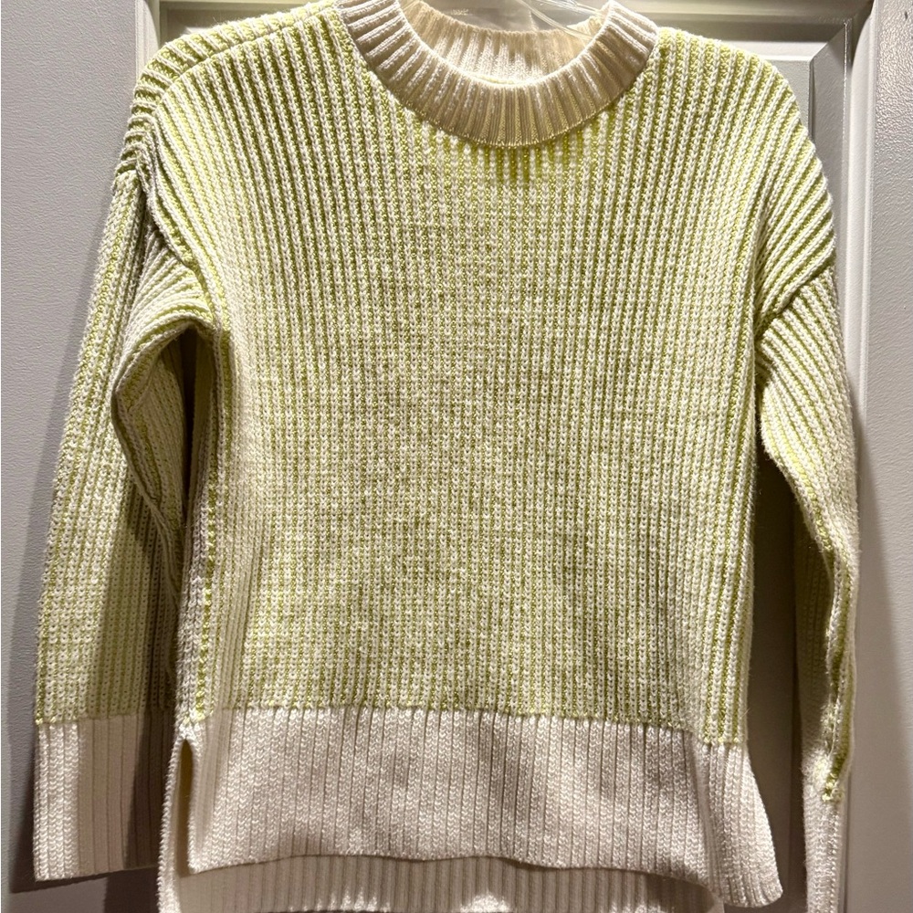 Women's Ribbed Knit Sweater - White and Lime Green